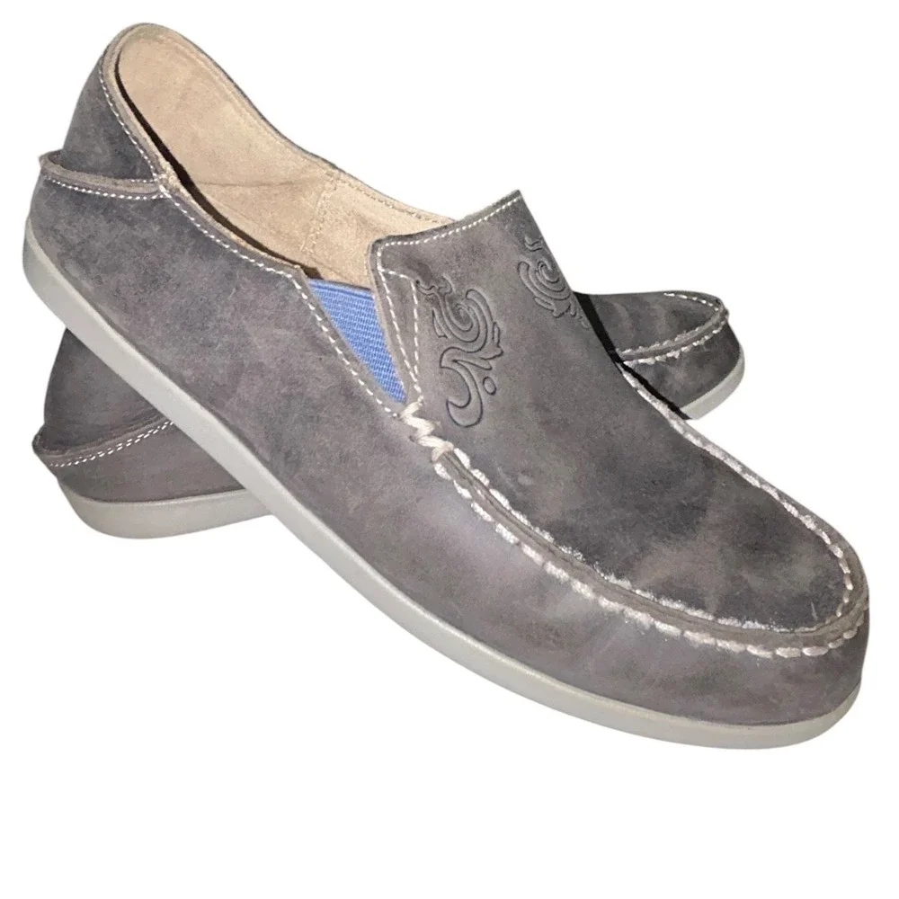 Olukai Nohea Nubuck Charcoal Gray Leather Slip On Loafers Womens 8 20174-VIPG
